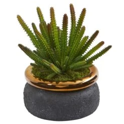 10” Cactus Artificial Plant In Black Planter With Bronze Rim