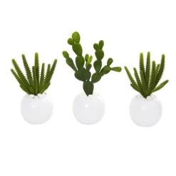 10” Cactus Succulent Artificial Plant In White Vase (Set Of 3)