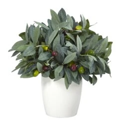10” Olive Artificial Plant With Berries In White Planter