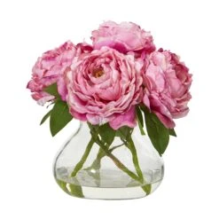 10” Peony Artificial Arrangement In Clear Glass Vase -Artificial Flowers Sale artificial 10 peony artificial arrangement in glass vase nearly natural pink 453087