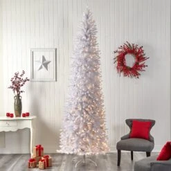 10’ Slim White Artificial Christmas Tree With 800 Warm White LED Lights And 2420 Bendable Branches -Artificial Flowers Sale artificial 10 slim white artificial christmas tree with 800 warm white led lights and 2420 bendable branches nearly natural 666465