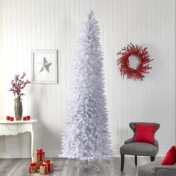 10’ Slim White Artificial Christmas Tree With 800 Warm White LED Lights And 2420 Bendable Branches -Artificial Flowers Sale artificial 10 slim white artificial christmas tree with 800 warm white led lights and 2420 bendable branches nearly natural 929152
