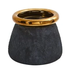 10” Stone Planter With Bronze Rim