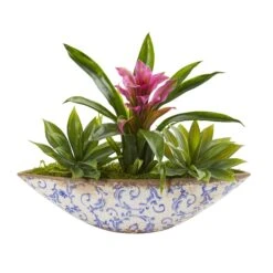 11" Bromeliad And Agave Artificial Plant In Floral Planter"