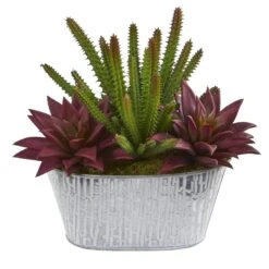 11” Cactus Succulent Artificial Plant In White Tin Planter