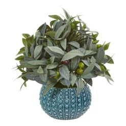 11” Olive Branch Artificial Plant With Berries In Blue Planter