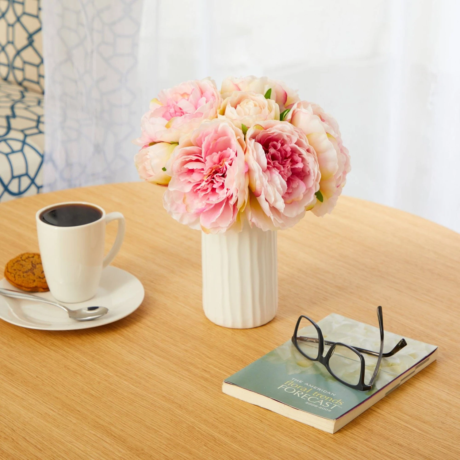 11” Peony Bouquet Artificial Arrangement In White Vase 8 11” Peony Bouquet Artificial Arrangement In White Vase - Image 6