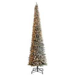 12’ Flocked Pencil Artificial Christmas Tree With 1000 Clear Lights And 1819 Bendable Branches