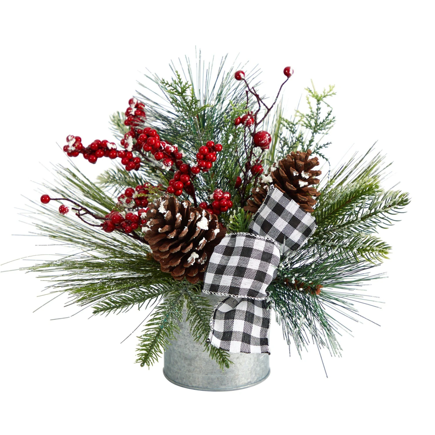 12” Frosted Pinecones And Berries Artificial Arrangement In Vase With Decorative Plaid Bow 3 12” Frosted Pinecones And Berries Artificial Arrangement In Vase With Decorative Plaid Bow