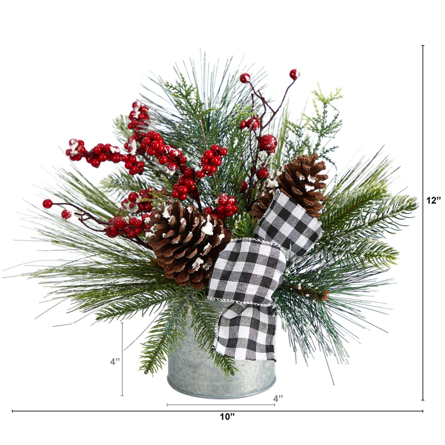 12” Frosted Pinecones And Berries Artificial Arrangement In Vase With Decorative Plaid Bow 4 12” Frosted Pinecones And Berries Artificial Arrangement In Vase With Decorative Plaid Bow - Image 2