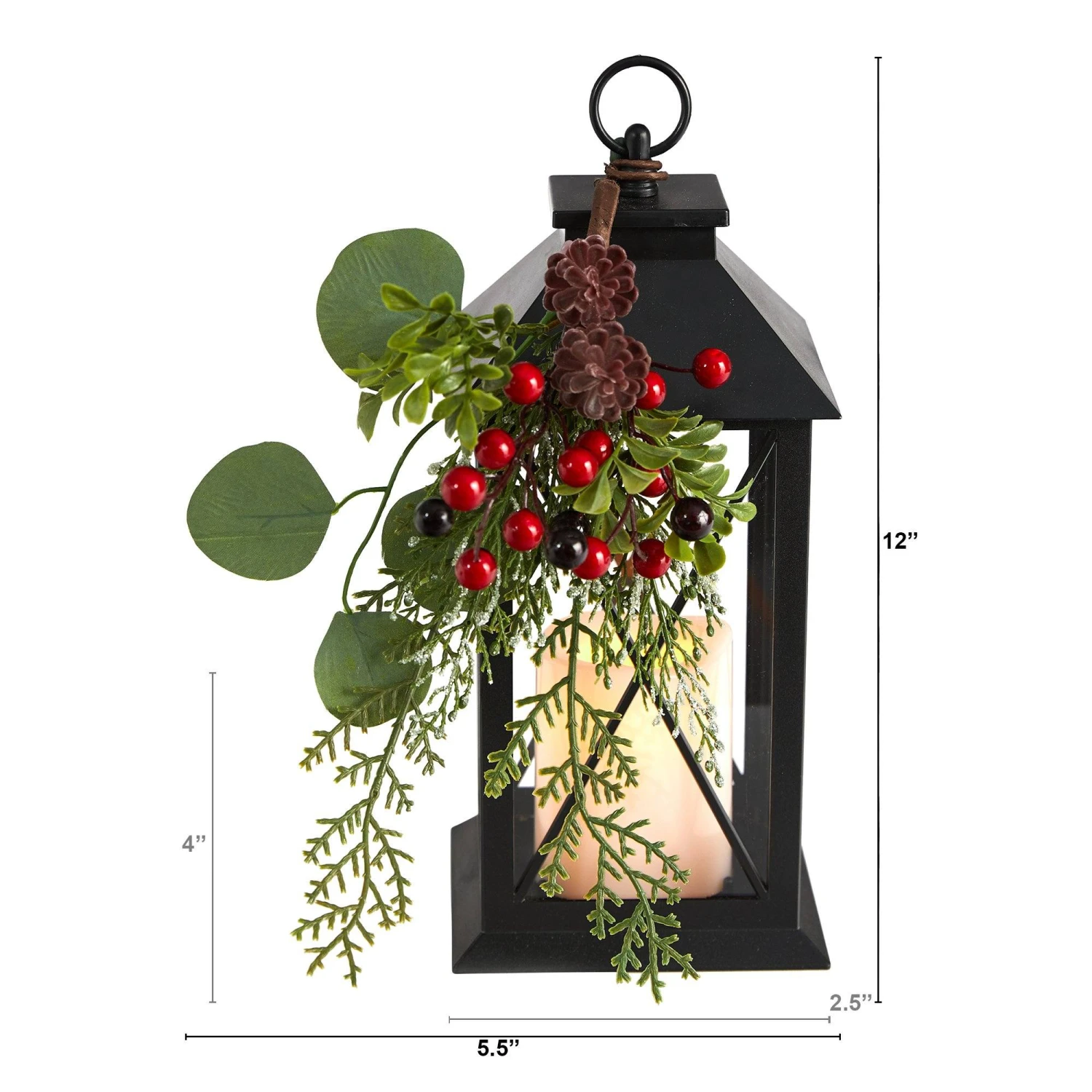 12" Holiday Berries And Greenery Metal Lantern Table Christmas Arrangement With LED Candle Included" 4 12" Holiday Berries And Greenery Metal Lantern Table Christmas Arrangement With LED Candle Included" - Image 2