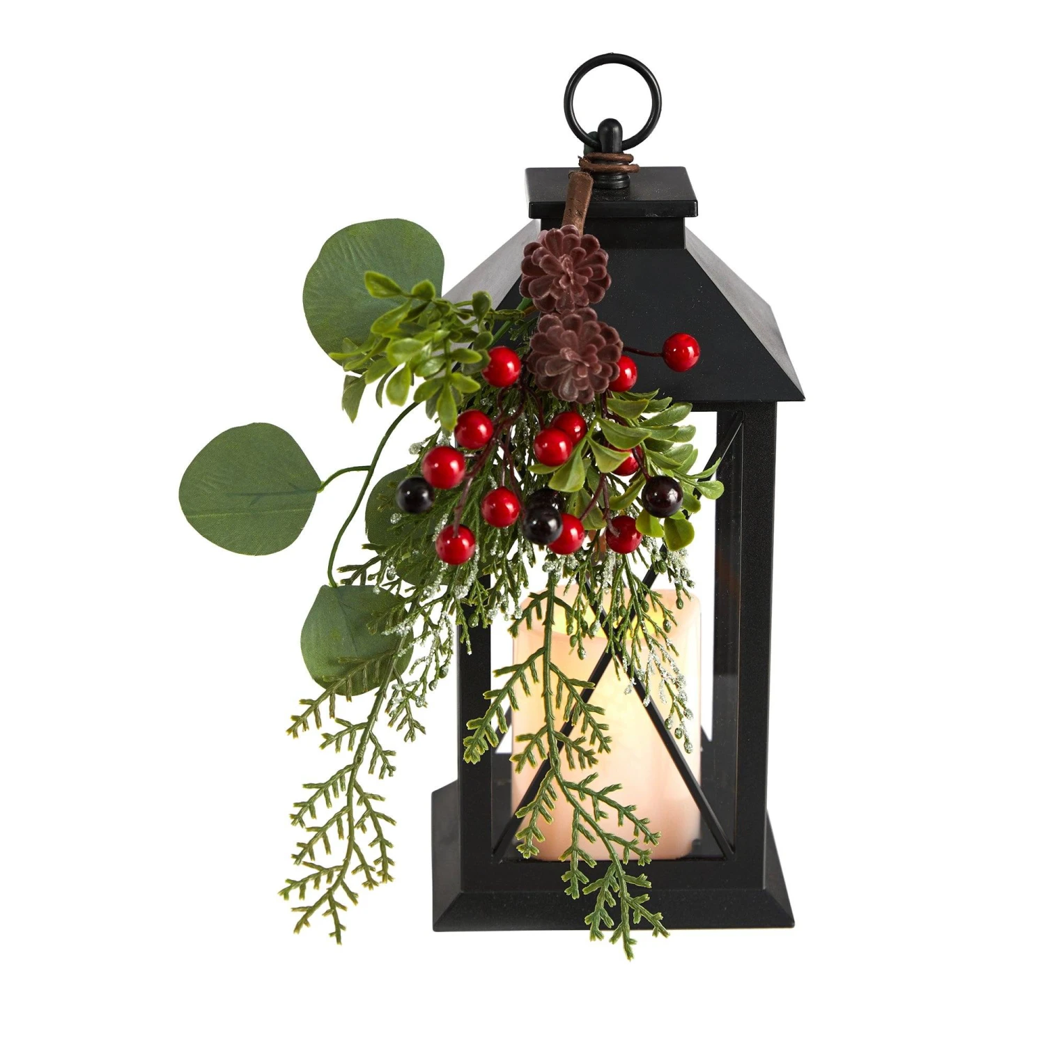 12" Holiday Berries And Greenery Metal Lantern Table Christmas Arrangement With LED Candle Included" 3 12" Holiday Berries And Greenery Metal Lantern Table Christmas Arrangement With LED Candle Included"