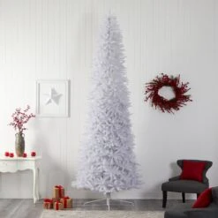 12’ Slim White Artificial Christmas Tree With 1100 Warm White LED Lights And 3235 Bendable Branches -Artificial Flowers Sale artificial 12 slim white artificial christmas tree with 1100 warm white led lights and 3235 bendable branches nearly natural 316003