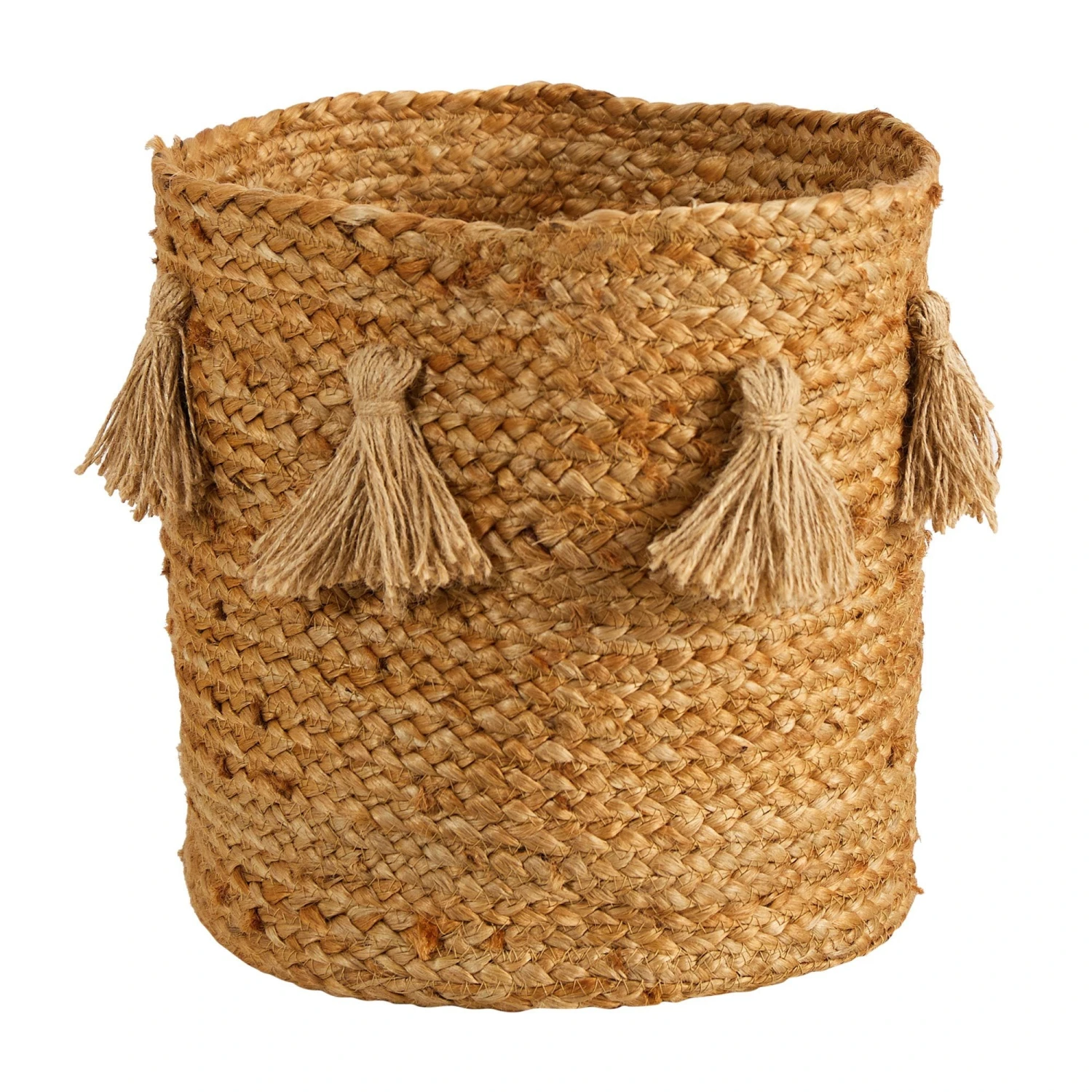 12.5” Boho Chic Natural Hand-Woven Jute Basket With Tassels 3 12.5” Boho Chic Natural Hand-Woven Jute Basket With Tassels