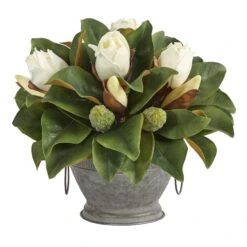 13” Magnolia Artificial Bud Plant In Vintage Bowl With Copper Trimming