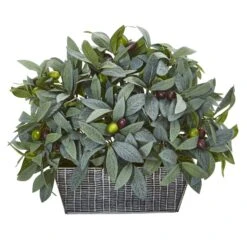 13” Olive With Berries Artificial Plant In Embossed Tin Planter