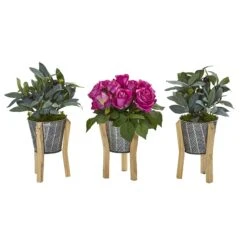 13” Rose And Olive In Tin Vase With Legs (Set Of 3)