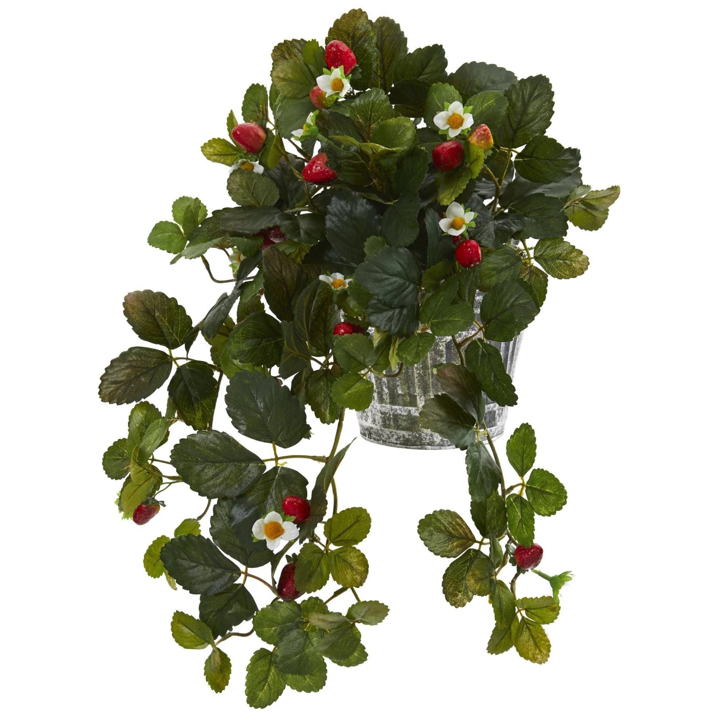 13” Strawberry Artificial Plant In Vintage Hanging Metal Planter 3 13” Strawberry Artificial Plant In Vintage Hanging Metal Planter