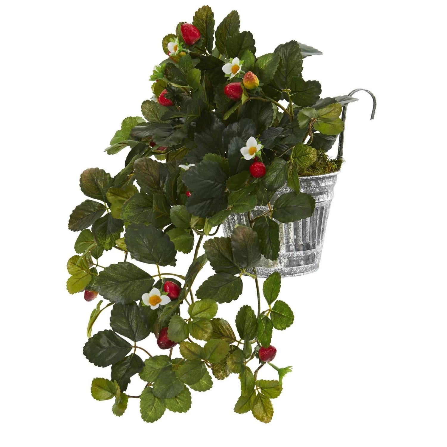 13” Strawberry Artificial Plant In Vintage Hanging Metal Planter 5 13” Strawberry Artificial Plant In Vintage Hanging Metal Planter - Image 3