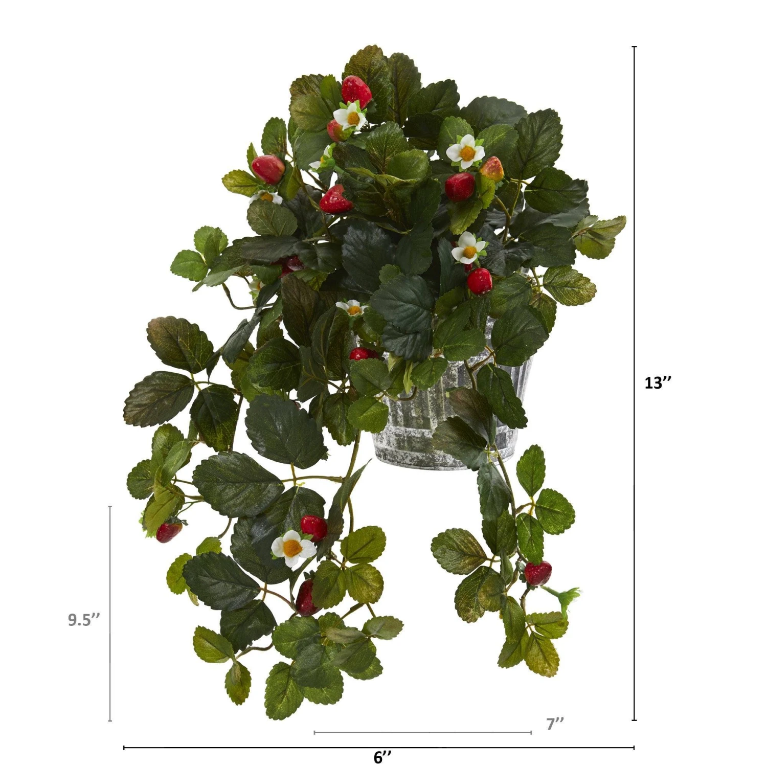 13” Strawberry Artificial Plant In Vintage Hanging Metal Planter 4 13” Strawberry Artificial Plant In Vintage Hanging Metal Planter - Image 2
