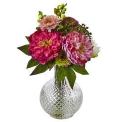 14" Artificial Peony And Mum In Glass Vase"