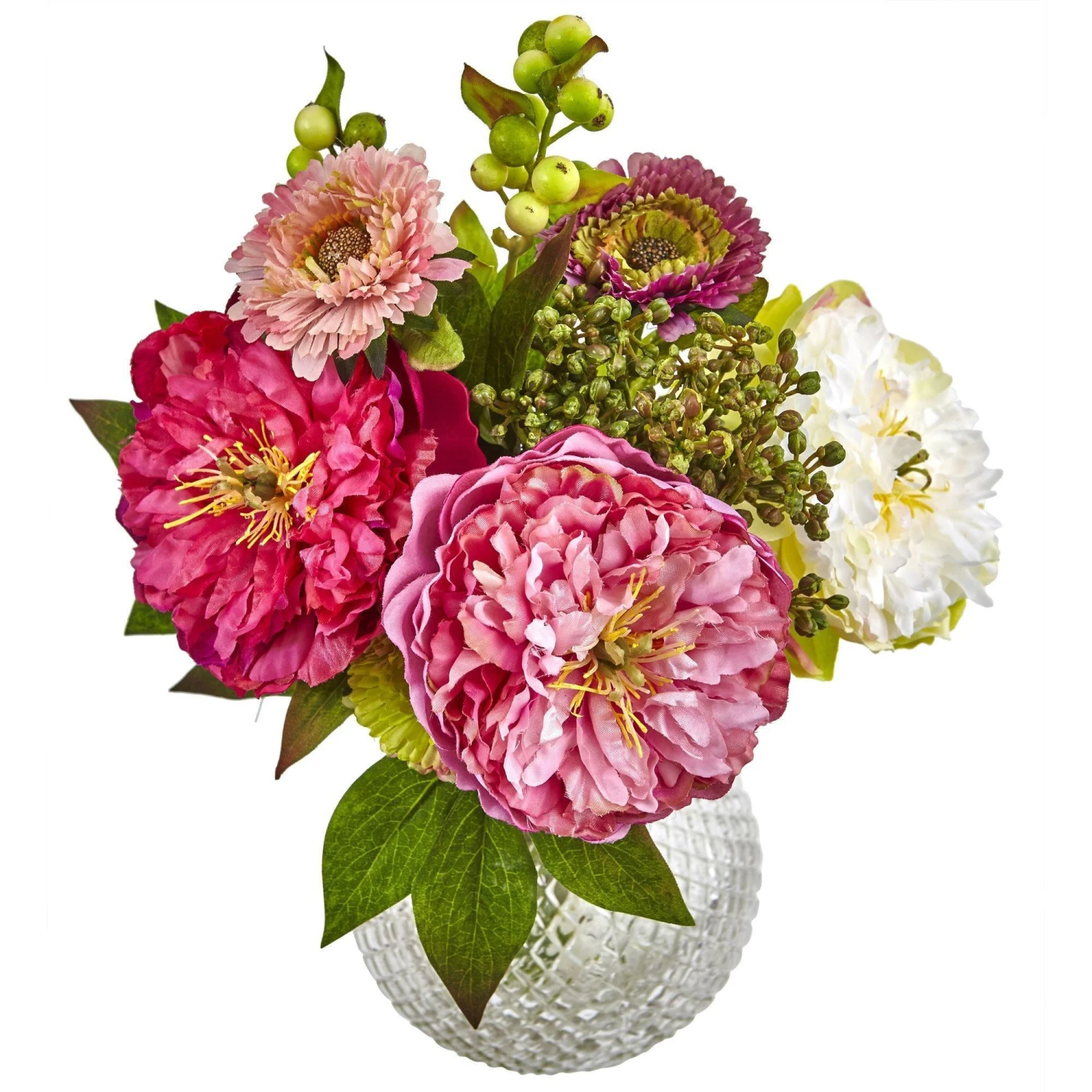 14" Artificial Peony And Mum In Glass Vase" 4 14" Artificial Peony And Mum In Glass Vase" - Image 2