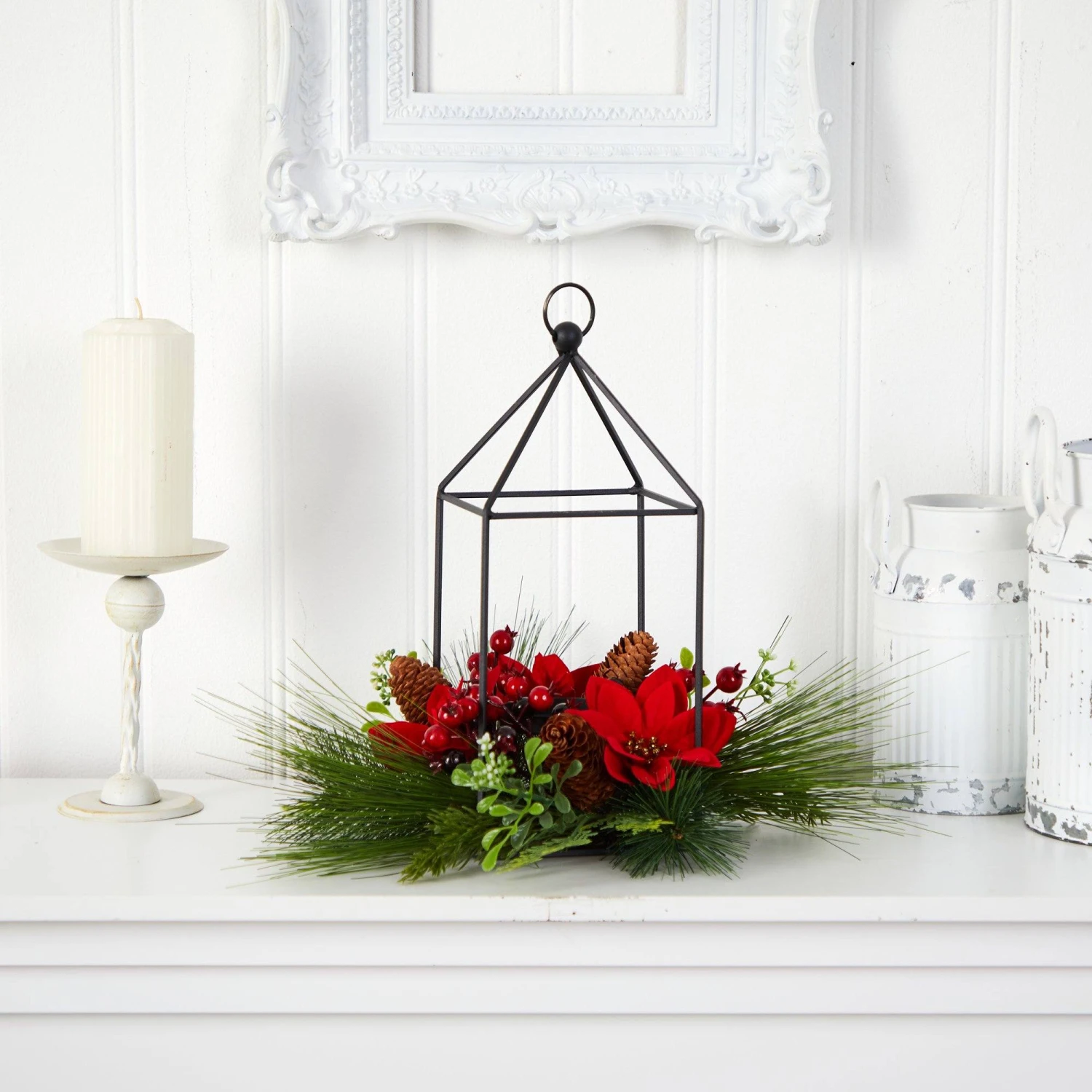 14” Christmas Poinsettia, Berry And Pinecone Metal Candle Holder Christmas Table Arrangement 5 14” Christmas Poinsettia, Berry And Pinecone Metal Candle Holder Christmas Table Arrangement - Image 3
