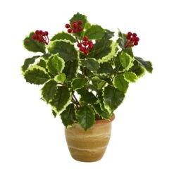 14” Variegated Holly Leaf Artificial Plant In Ceramic Planter (Real Touch)