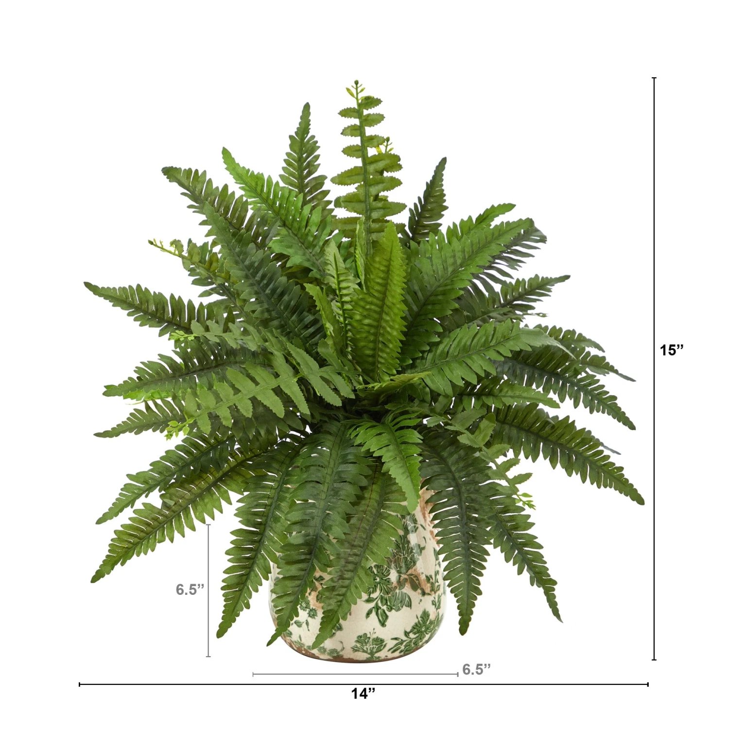 15” Boston Fern Artificial Plant With Tuscan Ceramic Green Scroll Planter 5 15” Boston Fern Artificial Plant With Tuscan Ceramic Green Scroll Planter - Image 3