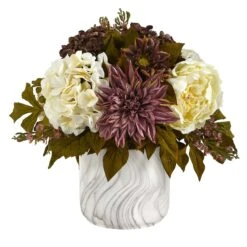 15” Peony, Hydrangea And Dahlia Artificial Arrangement In Marble Finished Vase