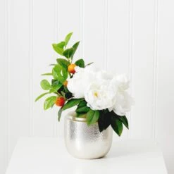 16” Artificial Peony Dahlia Arrangement White Vase -Artificial Flowers Sale artificial 16 artificial peony dahlia arrangement white vase arrangement nearly natural 484542