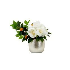 16” Artificial Peony Dahlia Arrangement White Vase