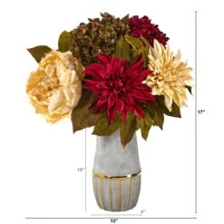 17” Peony, Hydrangea And Dahlia Artificial Arrangement In Stoneware Vase With Gold Trimming -Artificial Flowers Sale artificial 17 peony hydrangea and dahlia artificial arrangement in stoneware vase with gold trimming nearly natural 967280