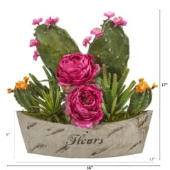17” Peony, Succulent And Cactus Arrangement In Vase