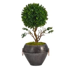 18” Boxwood Topiary Artificial Tree In Metal Bowl (Indoor/Outdoor)