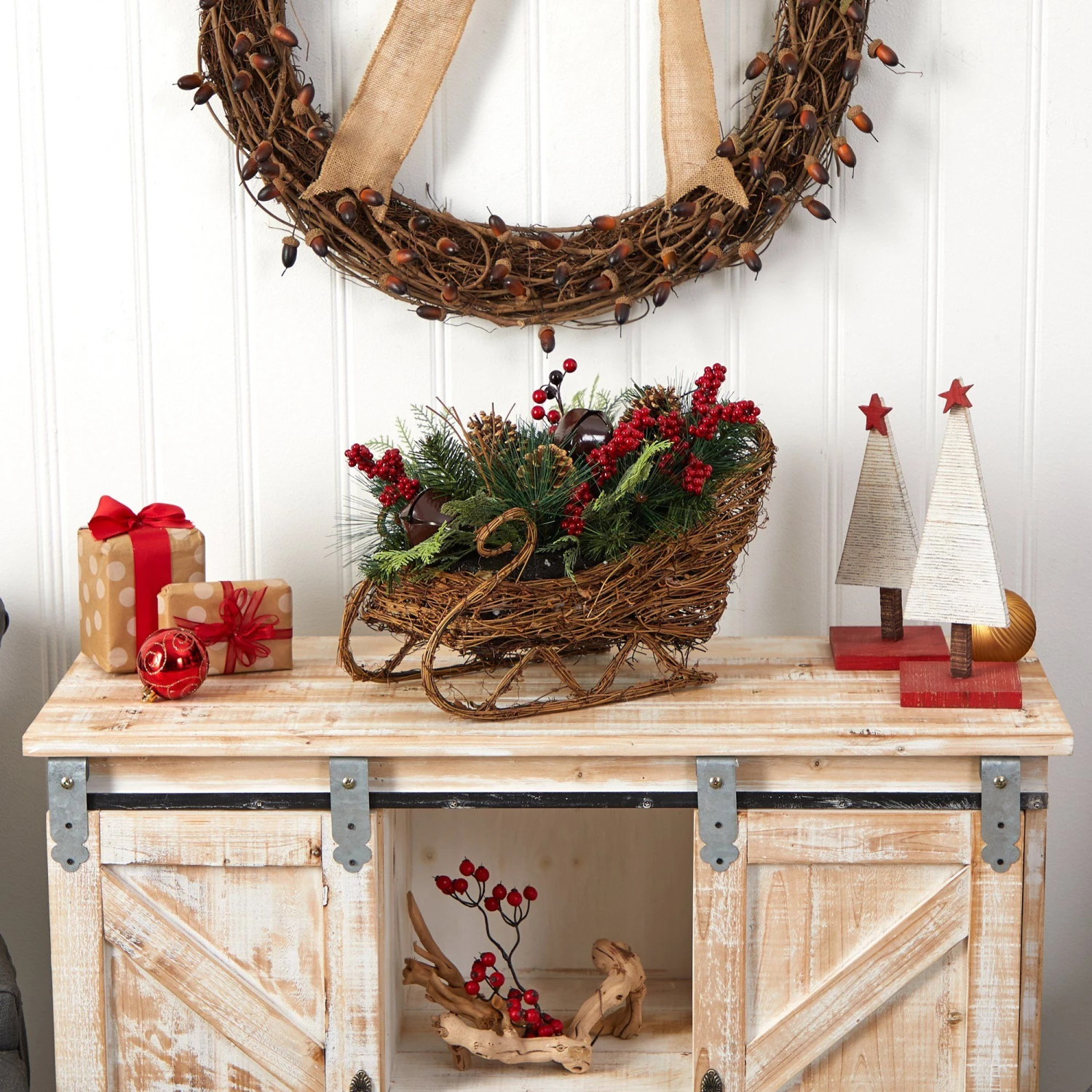 18” Christmas Sleigh With Pine, Pinecones And Berries Artificial Christmas Arrangement 7 18” Christmas Sleigh With Pine, Pinecones And Berries Artificial Christmas Arrangement - Image 5