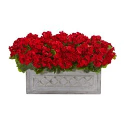 18” Geranium Artificial Plant In Stone Planter UV Resistant (Indoor/Outdoor)