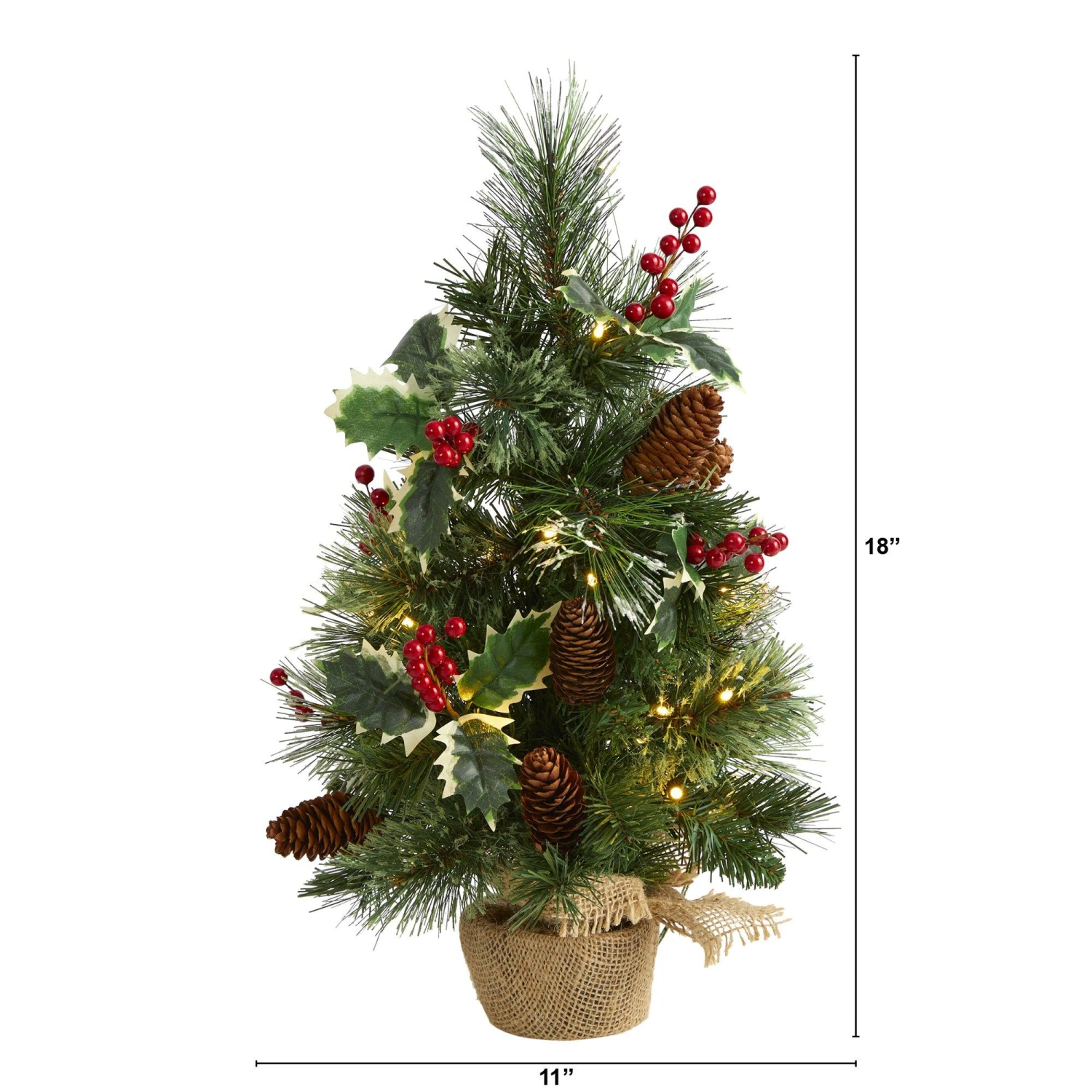 18” Mixed Pine Artificial Christmas Tree With Holly Berries, Pinecones, 35 Clear LED Lights And Burlap Base 4 18” Mixed Pine Artificial Christmas Tree With Holly Berries, Pinecones, 35 Clear LED Lights And Burlap Base - Image 2