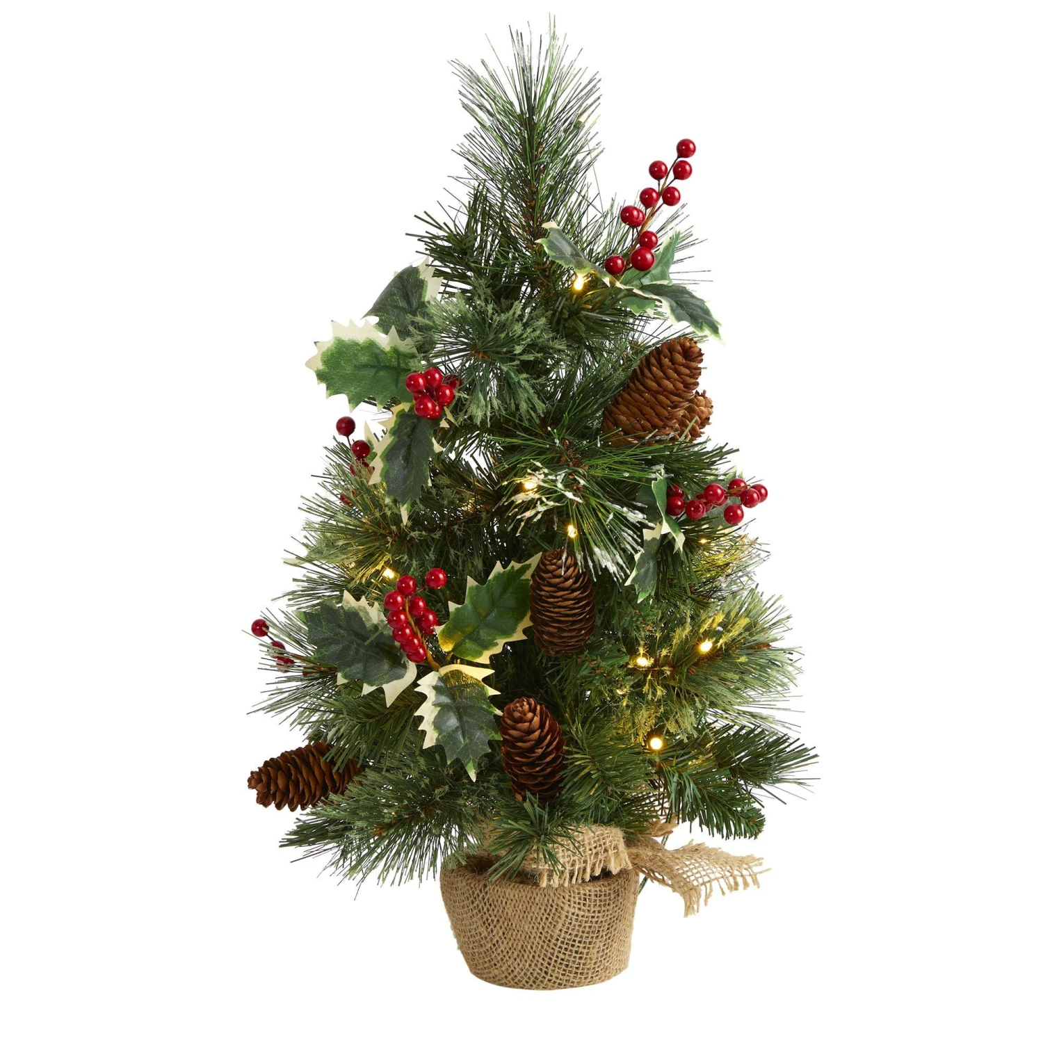 18” Mixed Pine Artificial Christmas Tree With Holly Berries, Pinecones, 35 Clear LED Lights And Burlap Base 3 18” Mixed Pine Artificial Christmas Tree With Holly Berries, Pinecones, 35 Clear LED Lights And Burlap Base