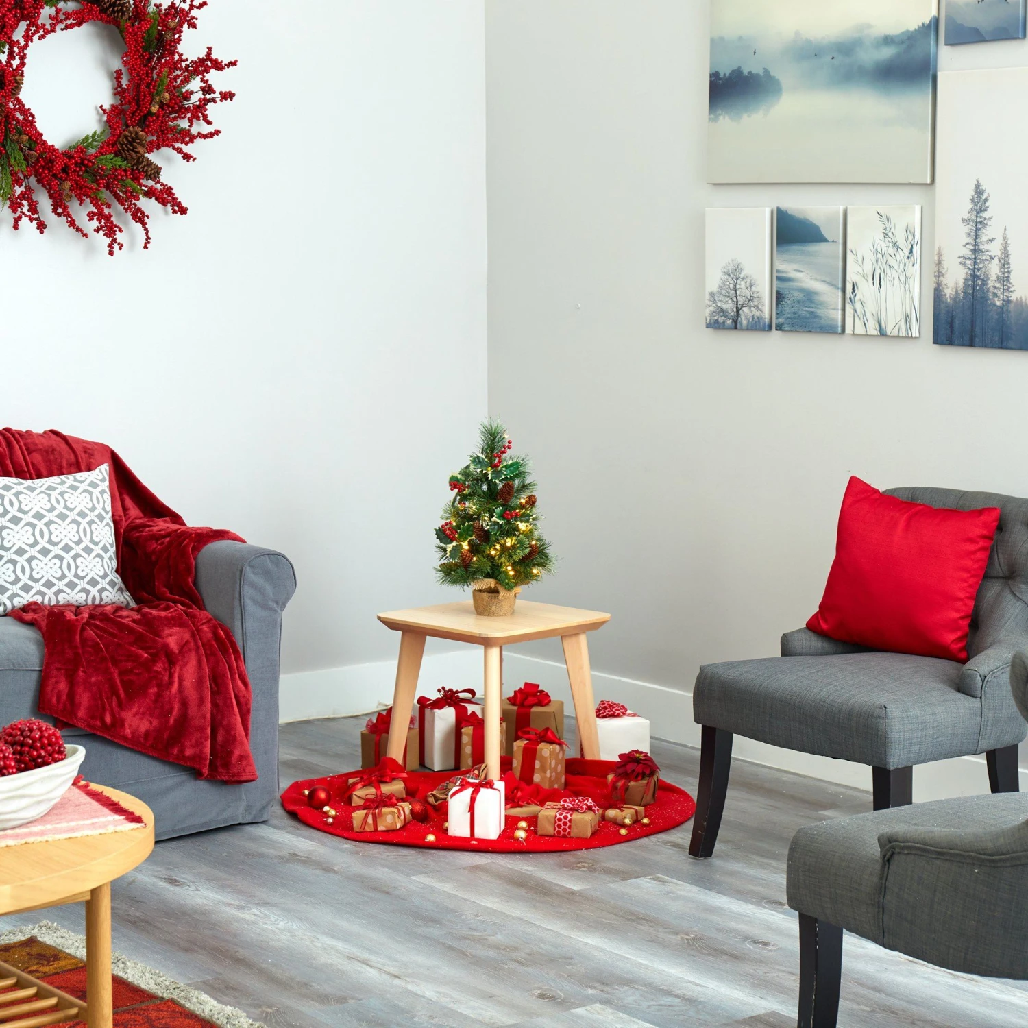 18” Mixed Pine Artificial Christmas Tree With Holly Berries, Pinecones, 35 Clear LED Lights And Burlap Base 10 18” Mixed Pine Artificial Christmas Tree With Holly Berries, Pinecones, 35 Clear LED Lights And Burlap Base - Image 8