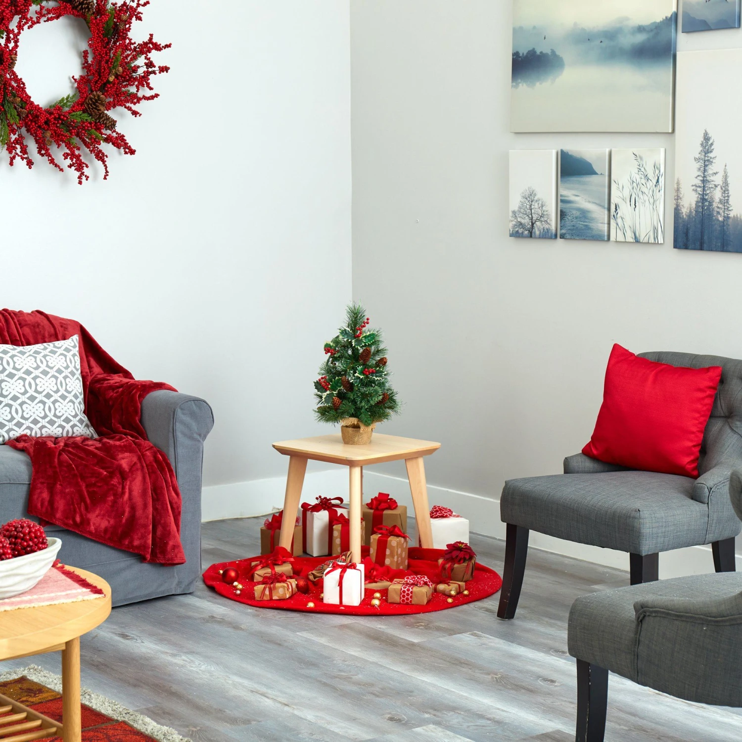 18” Mixed Pine Artificial Christmas Tree With Holly Berries, Pinecones, 35 Clear LED Lights And Burlap Base 9 18” Mixed Pine Artificial Christmas Tree With Holly Berries, Pinecones, 35 Clear LED Lights And Burlap Base - Image 7