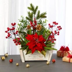 18” Poinsettia, Succulent And Berry Artificial Arrangement In Bench Planter -Artificial Flowers Sale artificial 18 poinsettia succulent and berry artificial arrangement in bench planter nearly natural 492155