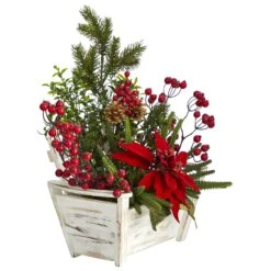 18” Poinsettia, Succulent And Berry Artificial Arrangement In Bench Planter -Artificial Flowers Sale artificial 18 poinsettia succulent and berry artificial arrangement in bench planter nearly natural 845746