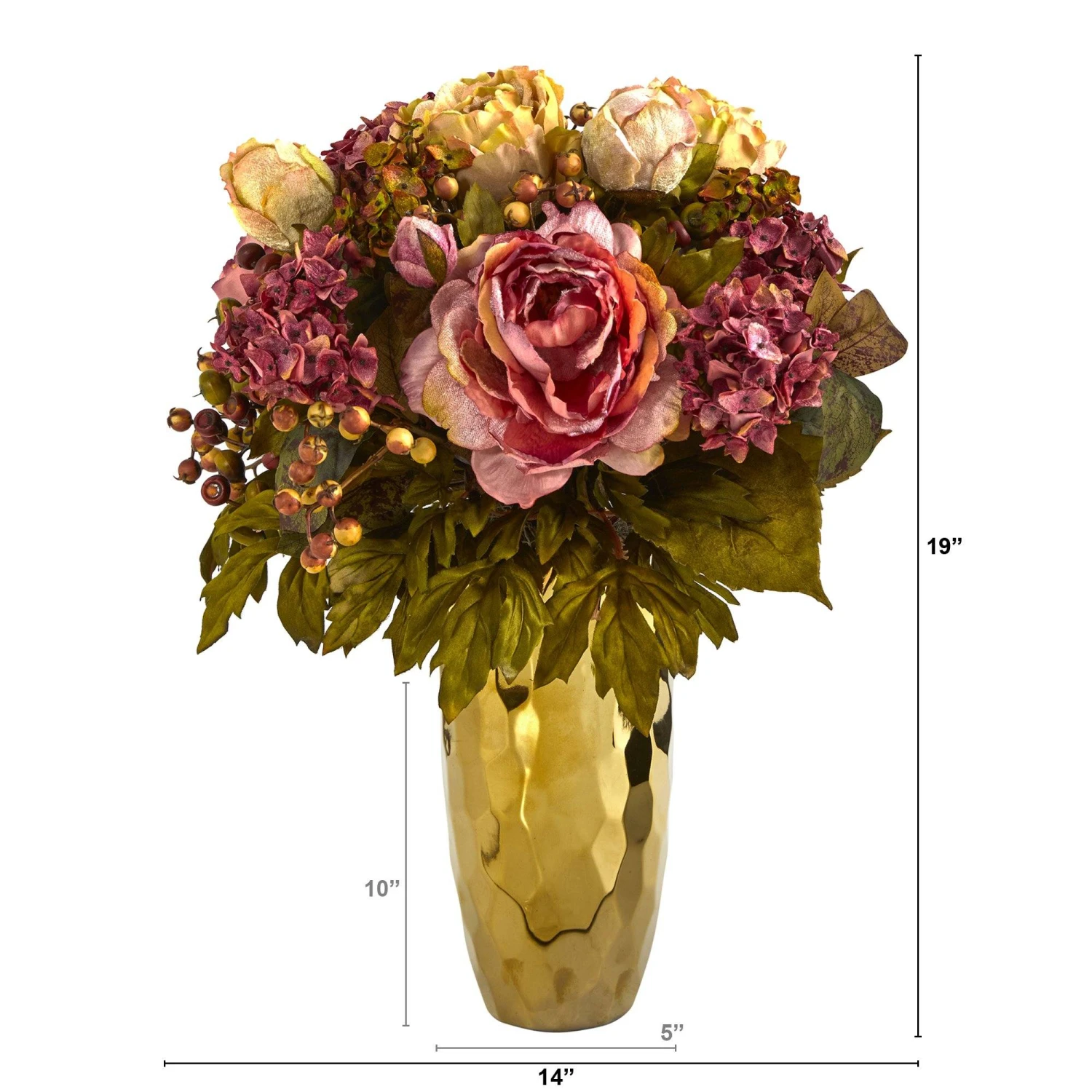 19” Peony Artificial Arrangement In Gold Vase 5 19” Peony Artificial Arrangement In Gold Vase - Image 3