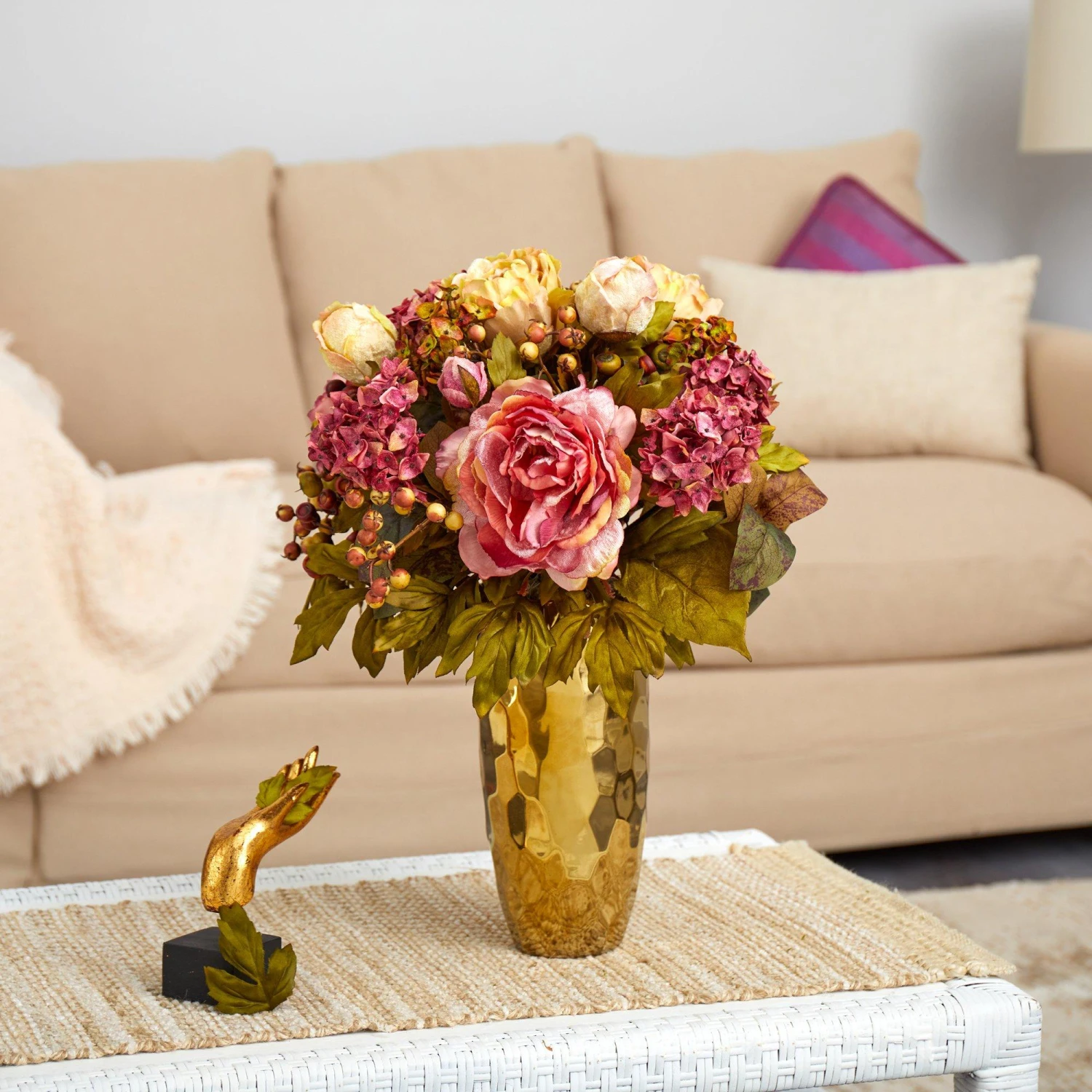 19” Peony Artificial Arrangement In Gold Vase 4 19” Peony Artificial Arrangement In Gold Vase - Image 2