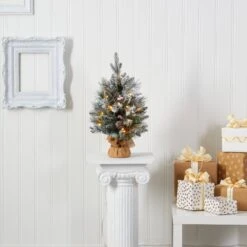 2' Flocked Artificial Christmas Tree With 30 Clear Lights, 73 Bendable Branches, Pine Cones And Berries -Artificial Flowers Sale artificial 2 flocked artificial christmas tree with 30 clear lights 73 bendable branches pine cones and berries nearly natural 305114