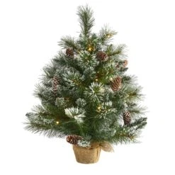2’ Frosted Pine Artificial Christmas Tree With 35 Clear LED Lights, Pinecones And Burlap Base