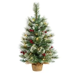 2’ Snow Tipped Pine And Berry Artificial Christmas Tree With 35 Warm White LED Lights In Burlap Base