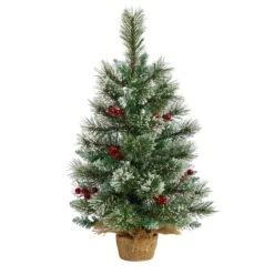 2’ Snow Tipped Pine And Berry Artificial Christmas Tree With 35 Warm White LED Lights In Burlap Base -Artificial Flowers Sale artificial 2 snow tipped pine and berry artificial christmas tree with 35 warm white led lights in burlap base nearly natural 411828