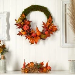 20” Autumn Pumpkin, Gourd And Fall Maple Leaf Artificial Wreath -Artificial Flowers Sale artificial 20 autumn pumpkin gourd and fall maple leaf artificial wreath nearly natural 394936